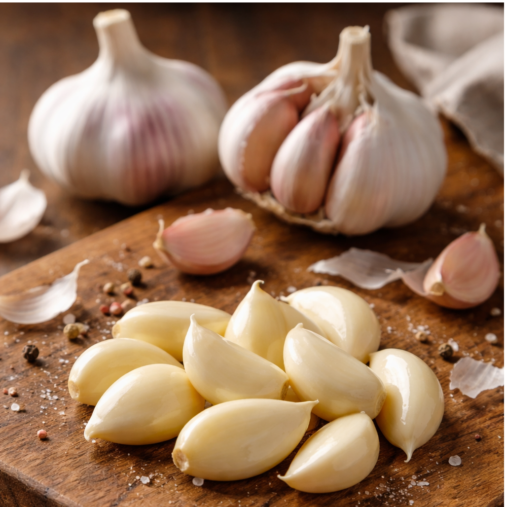 Fresh garlic bulbs and peeled cloves on a wooden table